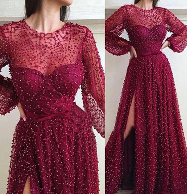 Cheap A Line Burgundy Long Sleeve Vintage Split Prom Dress INE95