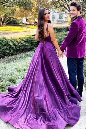 V Neck Backless Purple AQ Line Satin Long Prom Dress with High Slit IN1966