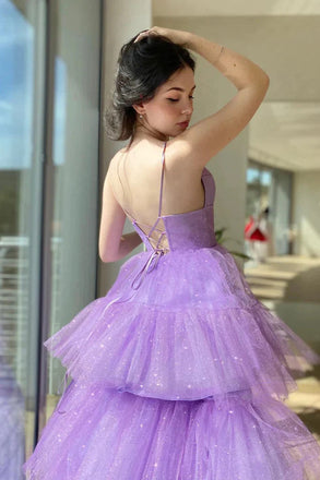 A Line Tulle V Neck Purple High Low Prom Dresses, Formal Party Dresses IN1987