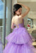 A Line Tulle V Neck Purple High Low Prom Dresses, Formal Party Dresses IN1987