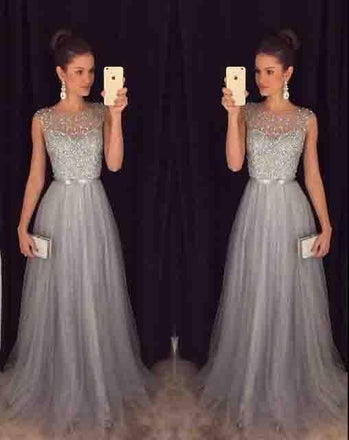 Elegant Gray Tulle Long A Line Prom Dress,Formal Party Dresses INE94