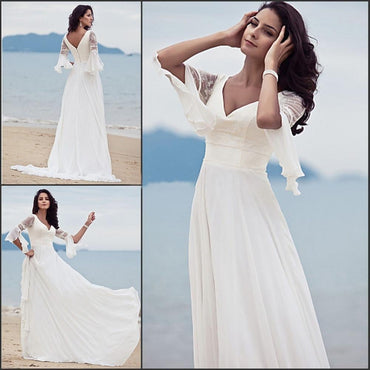Princess A Line V-neck Chiffon Lace Short Sleeves Beach/Coast Wedding Dresses IN265