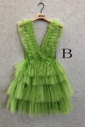A Line Hot Pink V Neck Tiered Homecoming Dresses, Cute Tulle Short Prom Party Dresses INHD37