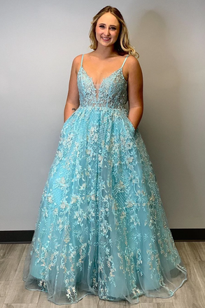 A-line Spaghetti Straps Lace Appliques Prom Dresses Modest Long Evening Dress With Pockets INS19