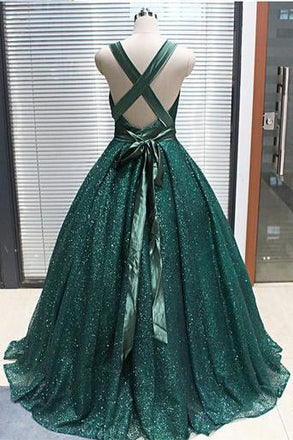 A-line V neck Dark Green Sequined Long Prom Dress Sparkly Evening Party Dresses INS18