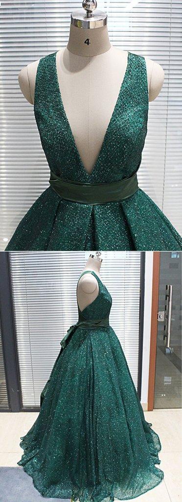 A-line V neck Dark Green Sequined Long Prom Dress Sparkly Evening Party Dresses INS18