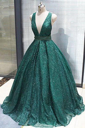 A-line V neck Dark Green Sequined Long Prom Dress Sparkly Evening Party Dresses INS18