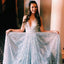A-line V neck Silver Long Prom Dress Shiny Evening Party Dresses INS25