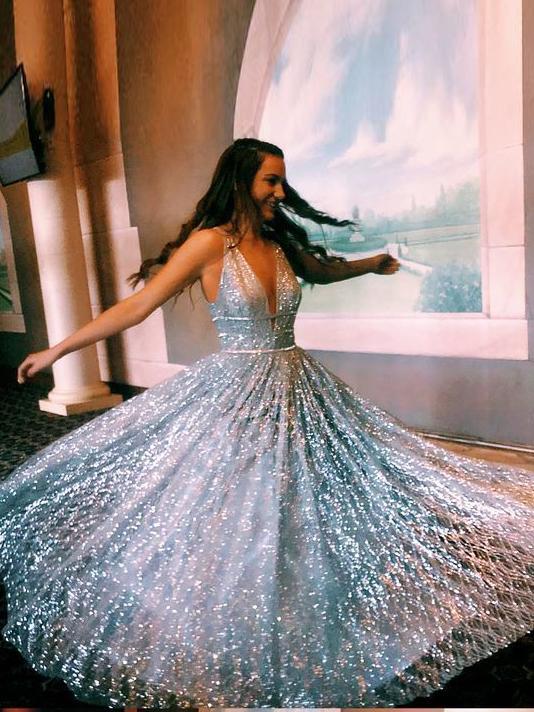 A-line V neck Silver Long Prom Dress Shiny Evening Party Dresses INS25