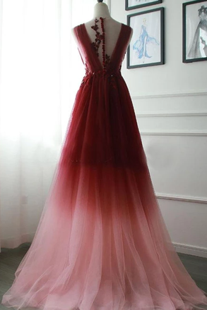 A-line Appliques Burgundy Tulle Long Prom Dress Formal Evening Dress INS22