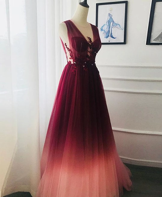 A-line Appliques Burgundy Tulle Long Prom Dress Formal Evening Dress INS22
