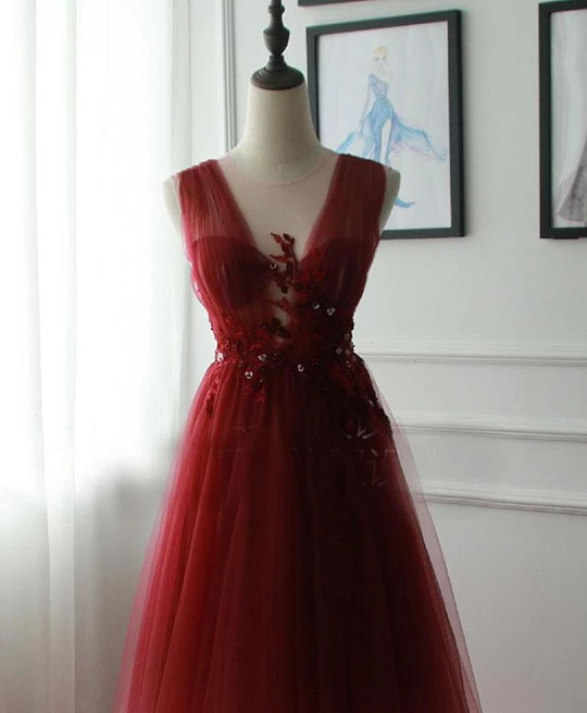 A-line Appliques Burgundy Tulle Long Prom Dress Formal Evening Dress INS22