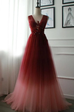 A-line Appliques Burgundy Tulle Long Prom Dress Formal Evening Dress INS22
