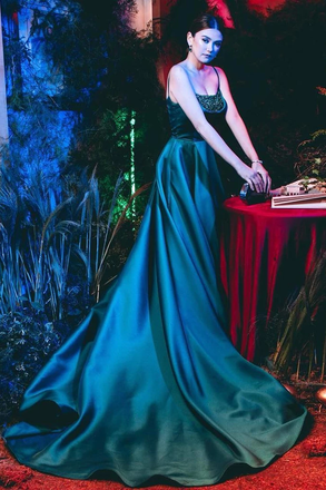 A-line Spaghetti Straps Dark Green Long Prom Dress Evening Dress INS21