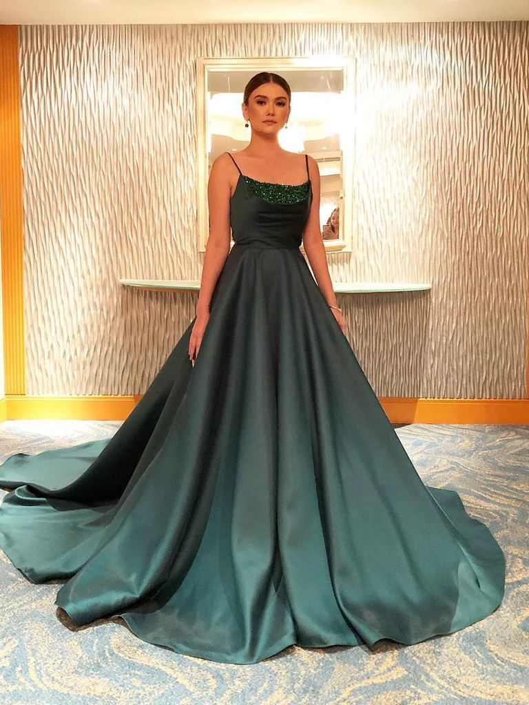 A-line Spaghetti Straps Dark Green Long Prom Dress Evening Dress INS21
