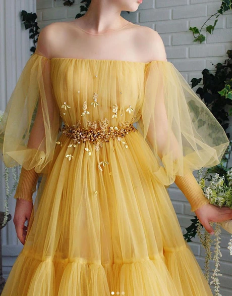 A-line Off-the-shoulder Yellow Tulle Long Prom Dress Evening Dress INS56