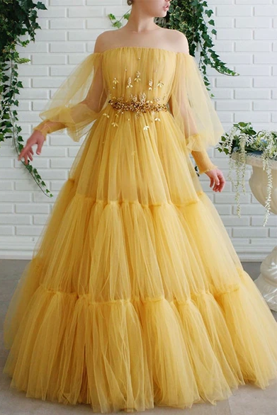 A-line Off-the-shoulder Yellow Tulle Long Prom Dress Evening Dress INS56