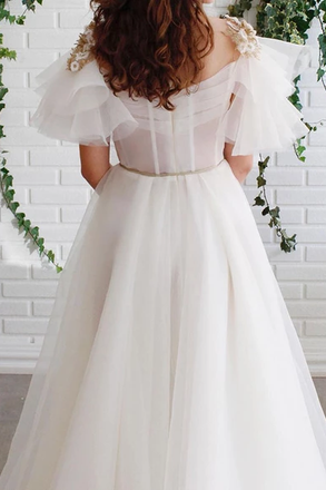 A-line Off White Short Sleeves Long Prom Dress Organza Evening Dress INS57