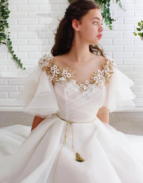 A-line Off White Short Sleeves Long Prom Dress Organza Evening Dress INS57
