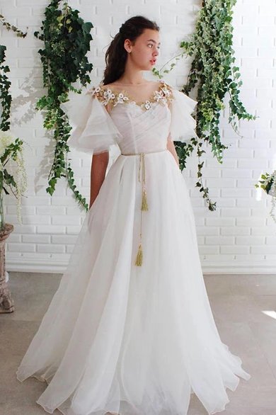 A-line Off White Short Sleeves Long Prom Dress Organza Evening Dress INS57