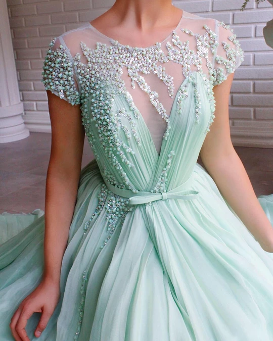 A-line Mint Green Long Cheap Prom Dress Beading Tulle Evening Dress INS99