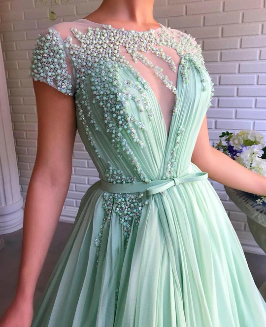 A-line Mint Green Long Cheap Prom Dress Beading Tulle Evening Dress INS99
