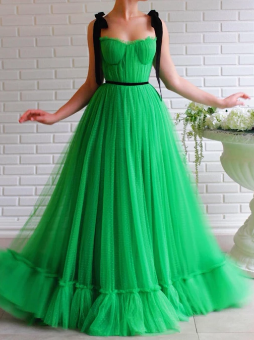 A-line Black Straps Sage Long Charming Prom Dress Tulle Evening Dress INS97