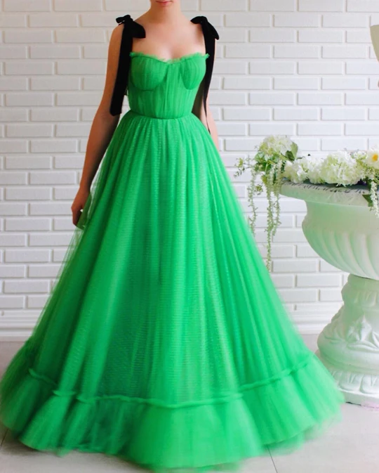 A-line Black Straps Sage Long Charming Prom Dress Tulle Evening Dress INS97