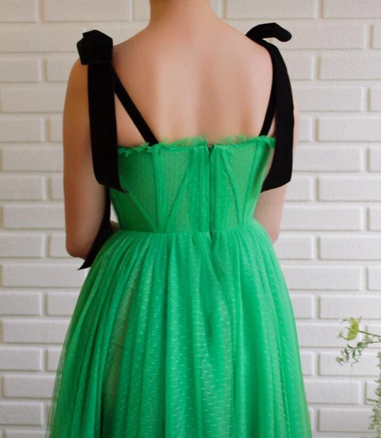 A-line Black Straps Sage Long Charming Prom Dress Tulle Evening Dress INS97