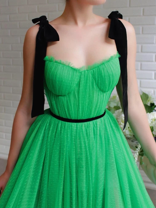 A-line Black Straps Sage Long Charming Prom Dress Tulle Evening Dress INS97