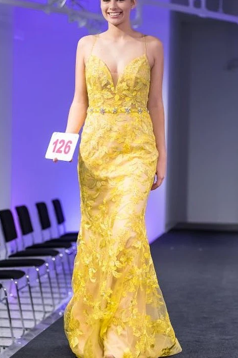 Trumpet/Mermaid Spaghetti Straps Lace Yellow Long Elegant Prom Dress Evening Dress INS98