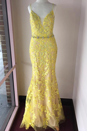 Trumpet/Mermaid Spaghetti Straps Lace Yellow Long Elegant Prom Dress Evening Dress INS98