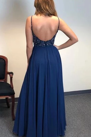 A-line Spaghetti Straps Dark Blue Chiffon Long Prom Dress Beaded Evening Dress INS96