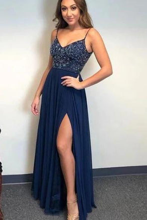 A-line Spaghetti Straps Dark Blue Chiffon Long Prom Dress Beaded Evening Dress INS96