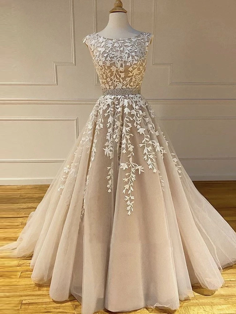 A-line Scoop Lace Appliques Long Prom Dress Cheap Evening Dress INS92