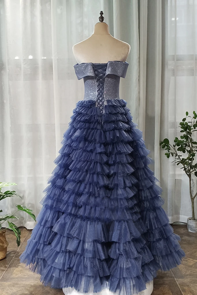 A-line Off-the-shoulder Royal Blue Long Prom Dress Tulle Evening Dress INS94