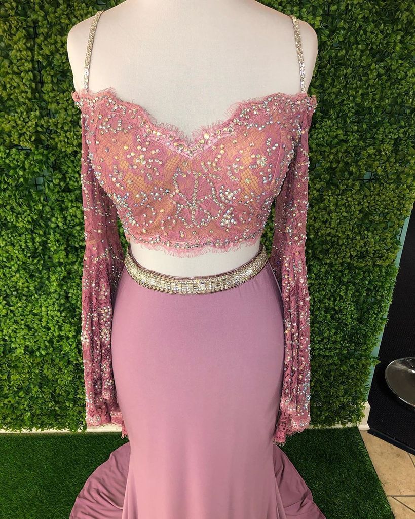 Chic Sheath Spaghetti Straps Pink Long Sleeves Prom Dress Evening Dress INT1