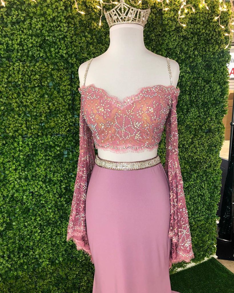 Chic Sheath Spaghetti Straps Pink Long Sleeves Prom Dress Evening Dress INT1