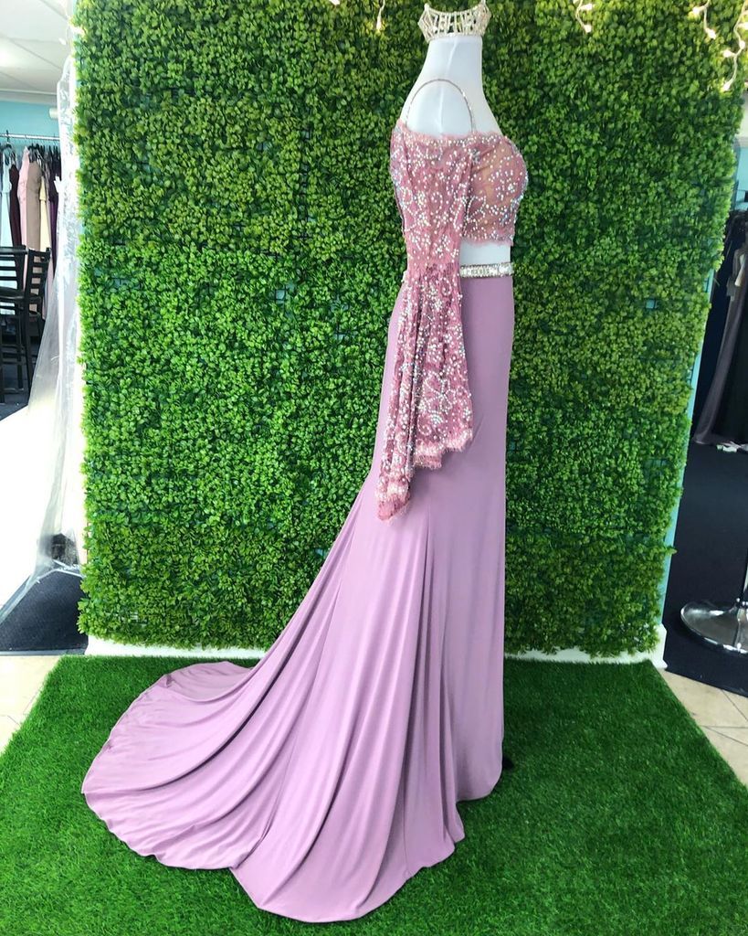 Chic Sheath Spaghetti Straps Pink Long Sleeves Prom Dress Evening Dress INT1