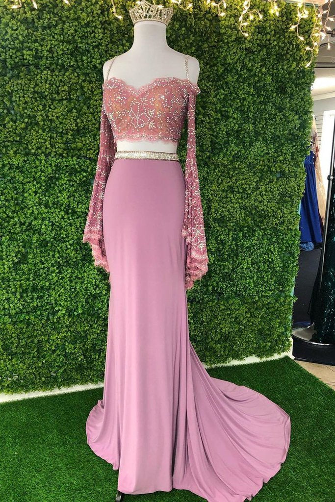 Chic Sheath Spaghetti Straps Pink Long Sleeves Prom Dress Evening Dress INT1