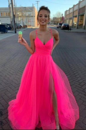 Beautiful A-line Spaghetti Straps Tulle Long Prom Dress Evening Dress INT4