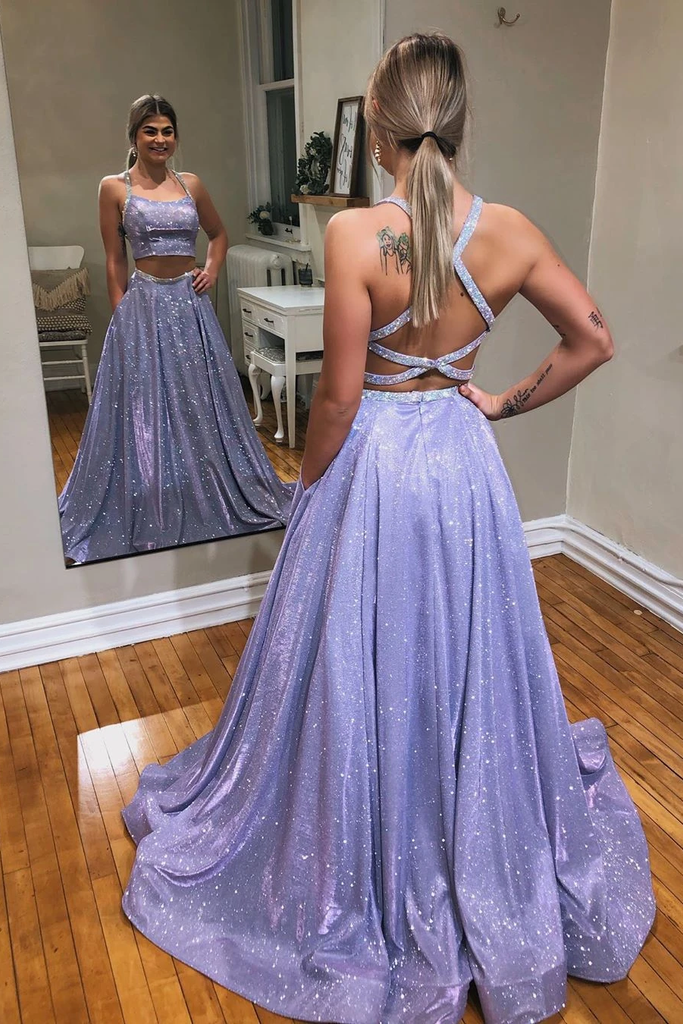 A-line Two Pieces Spaghetti Straps Sparkly Long Prom Dress Evening Dress INT3