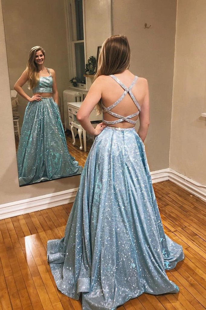 A-line Two Pieces Spaghetti Straps Sparkly Long Prom Dress Evening Dress INT3