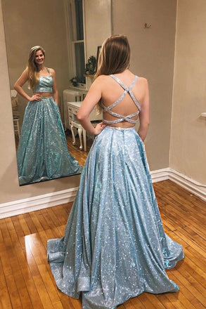 A-line Two Pieces Spaghetti Straps Sparkly Long Prom Dress Evening Dress INT3