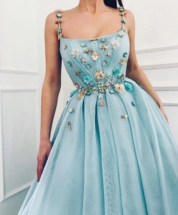 A-line Spaghetti Straps Flowers Long Prom Dress Tulle Evening Dress INT6
