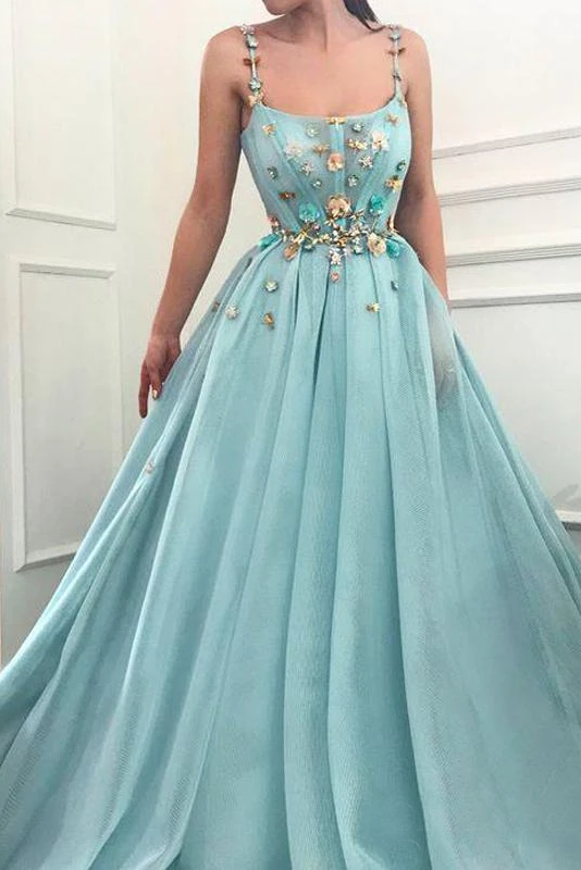 A-line Spaghetti Straps Flowers Long Prom Dress Tulle Evening Dress INT6
