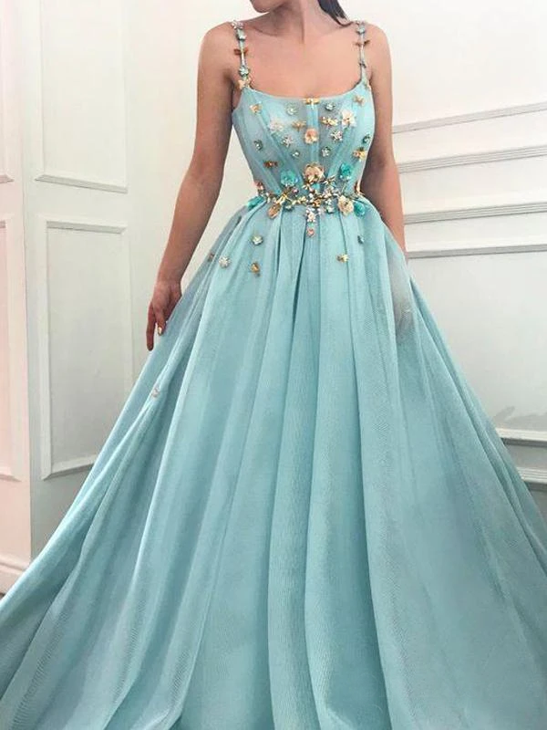 A-line Spaghetti Straps Flowers Long Prom Dress Tulle Evening Dress INT6
