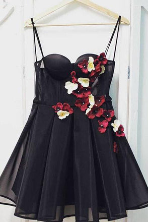Black Tulle Sweetheart Neck Short Prom Dress, Flowers Homecoming Dress INP57