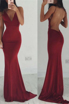 Sexy Burgundy Mermaid Long Spaghetti Straps Prom Dresses IND81