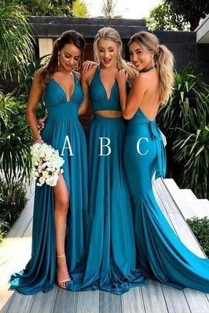 Simple Deep V-Neck Long Blue Backless Bridesmaid Dresses With Split ING48